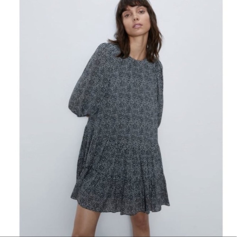 Zara The Helene Micro Dot Ruffled Dress In Black/White